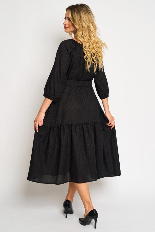 Rochie din vascoza cu un volan, fond negru cu flori mici bordo