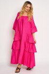 Rochie din vascoza fuchsia cu trei volane suprapuse