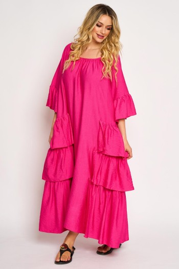 Rochie din vascoza fuchsia cu trei volane suprapuse