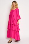 Rochie din vascoza fuchsia cu trei volane suprapuse