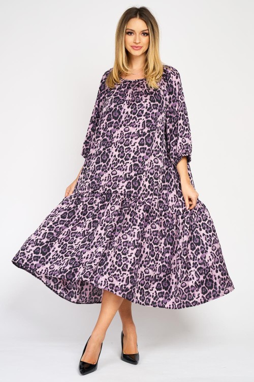 Rochie din satin cu un volan, animal print mov