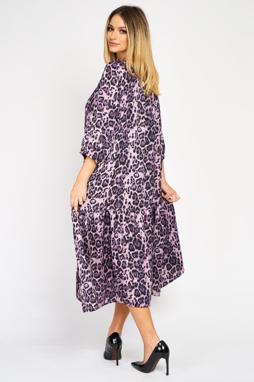 Rochie din satin cu un volan, animal print mov
