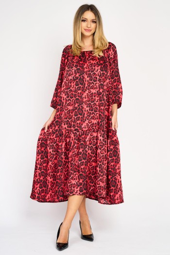 Rochie din satin cu un volan, animal print roșu