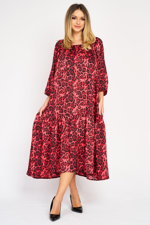Rochie din satin cu un volan, animal print roșu