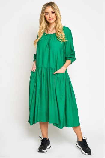 Rochie cu volan incretit si buzunare in fata, din vascoza verde (varianta mai scurta)