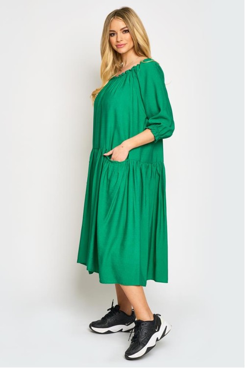 Rochie cu volan incretit si buzunare in fata, din vascoza verde (varianta mai scurta)