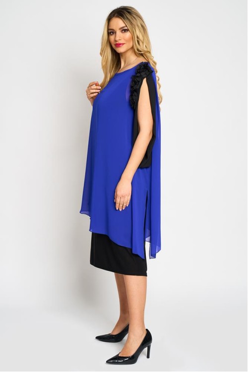 Rochie cu floare pe umar din voal albastru
