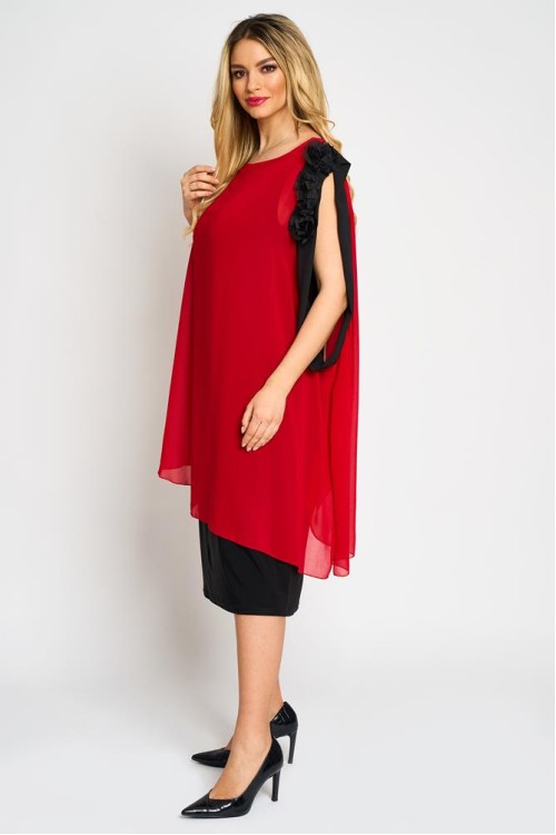 Rochie cu floare pe umar din voal rosu
