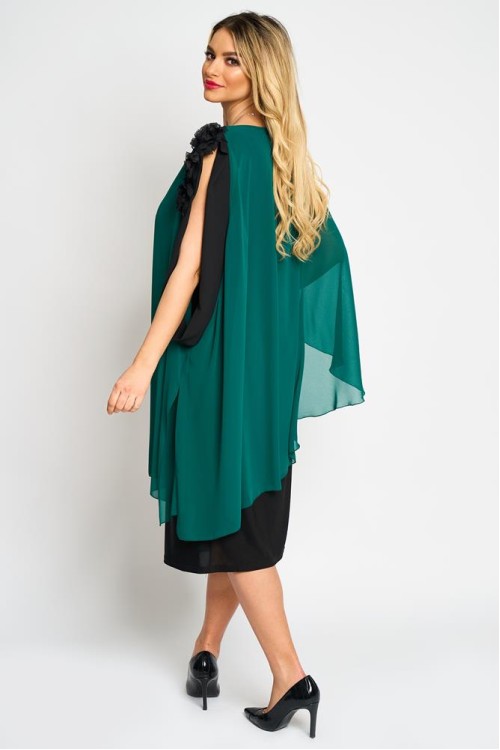 Rochie cu floare pe umar din voal verde inchis
