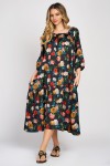 Rochie din satin cu un volan, imprimeu cu trandafiri colorati