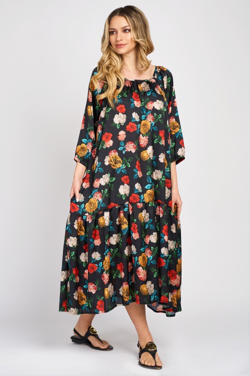 Rochie din satin cu un volan, imprimeu cu trandafiri colorati