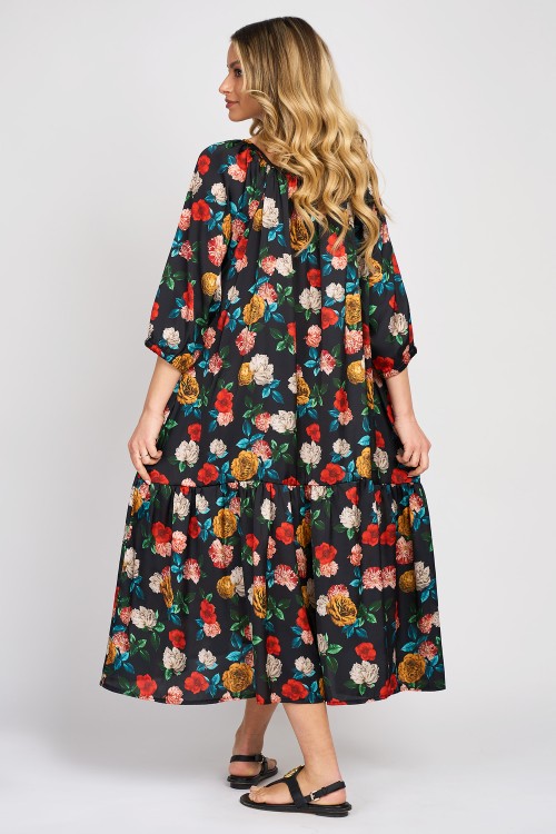 Rochie din satin cu un volan, imprimeu cu trandafiri colorati
