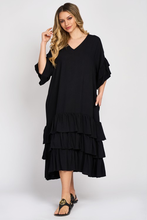Rochie din vascoza cu trei volane neagra