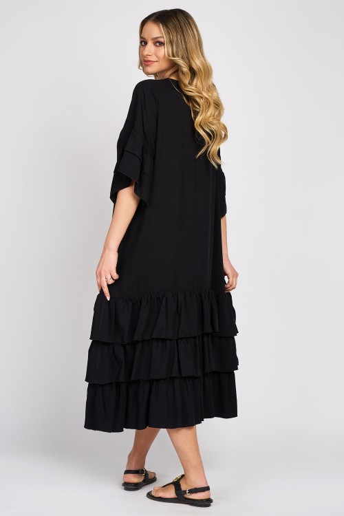 Rochie din vascoza cu trei volane neagra