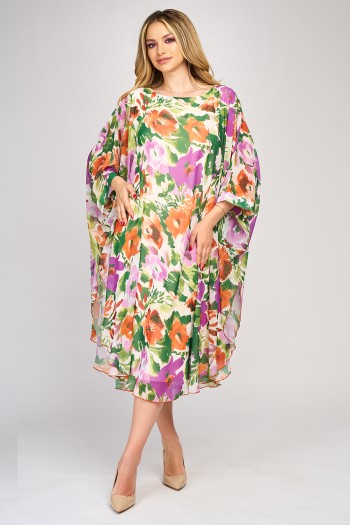 Rochie lunga din voal cu flori mov si portocalii Rochie lunga din voal cu flori mov si portocalii