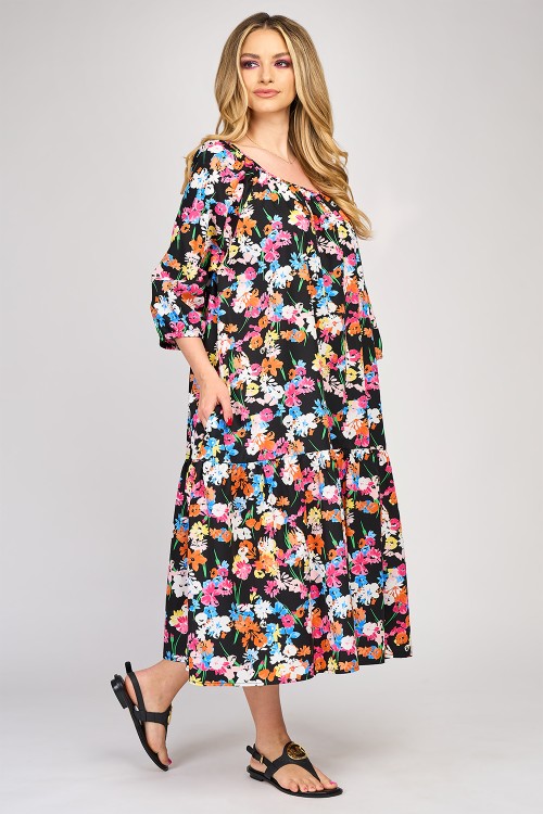 Rochie din vascoza cu un volan, imprimeu floral