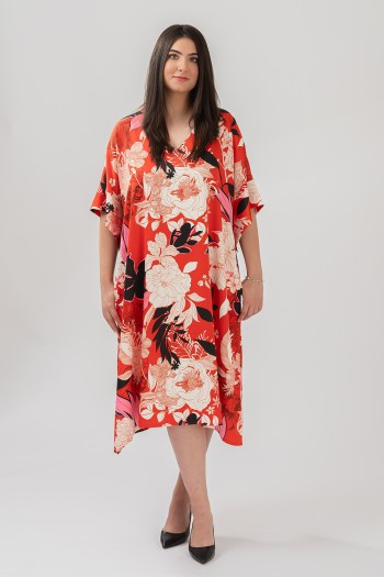 Rochie rosie din satin cu trandafiri 