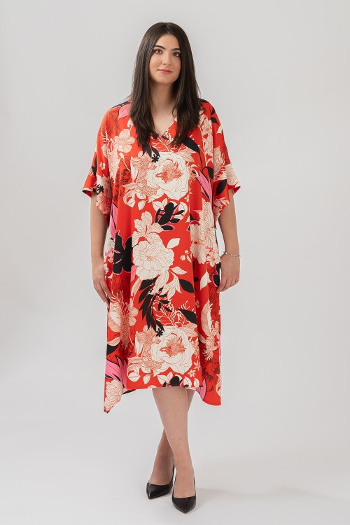 Rochie rosie din satin cu trandafiri 