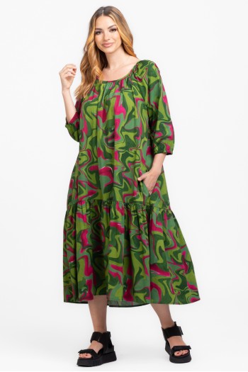 Rochie din vascoza print verde si roz
