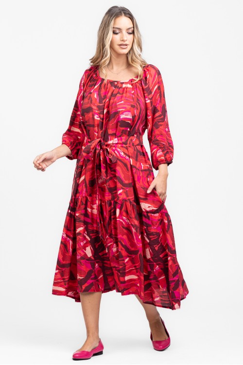 Rochie din vascoza print abstract rosu 
