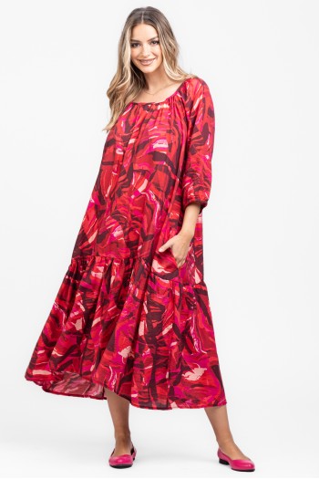 Rochie din vascoza print abstract rosu 